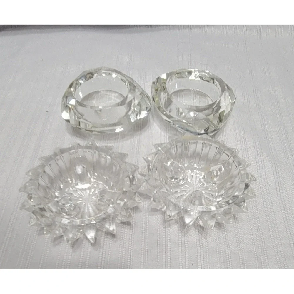 Vintage Cut Glass Candle Holders 2 Sets Faceted Geometric & Sunburst Votive 4pc